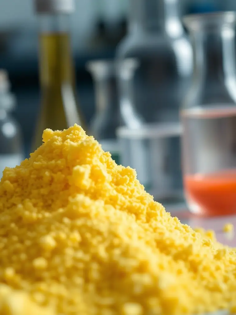 A sample of sulphur second, showing its granular texture and color, with laboratory equipment in the background to indicate quality testing.