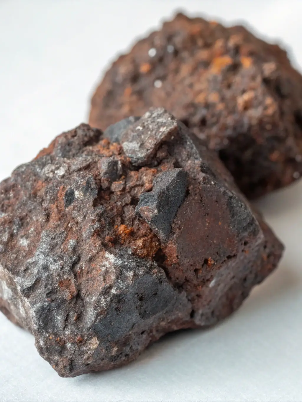 A pile of high-quality iron ore rocks, displaying their natural textures and colors, with a mining landscape visible in the distance.